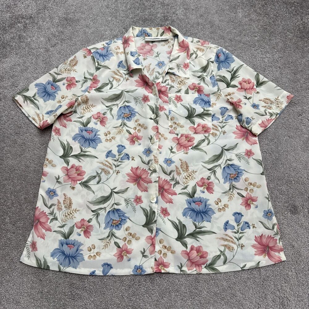 Vintage Alfred Dunner Button Down Shirt Womens 14P Ivory Floral Textured Blouse